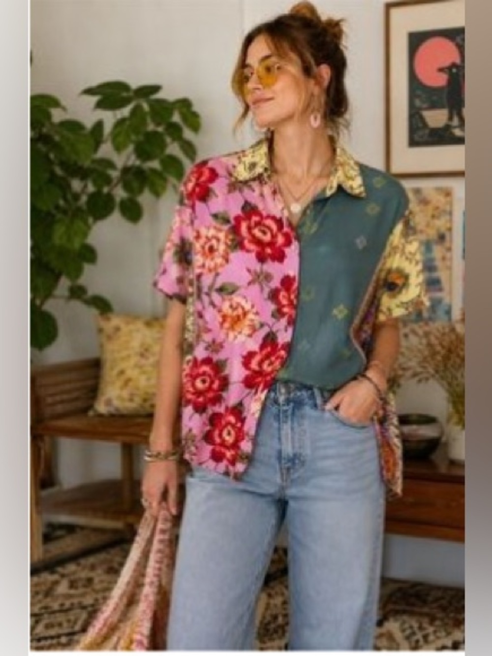Anthropologie Floral Oversized Boyfriend Button-Down Shirt SM